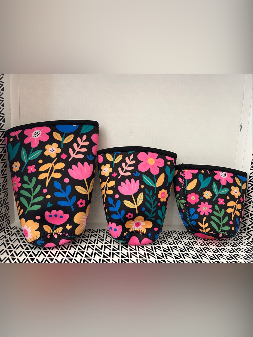 Floral Neoprene Cup Cozy Set - Black with Pink, Yellow & Green Flowers
